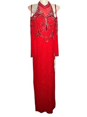Y2K NEW LINZAS Red Beaded Halter-Style Prom Gown Cold-Shoulder Size 4 1/2 Off